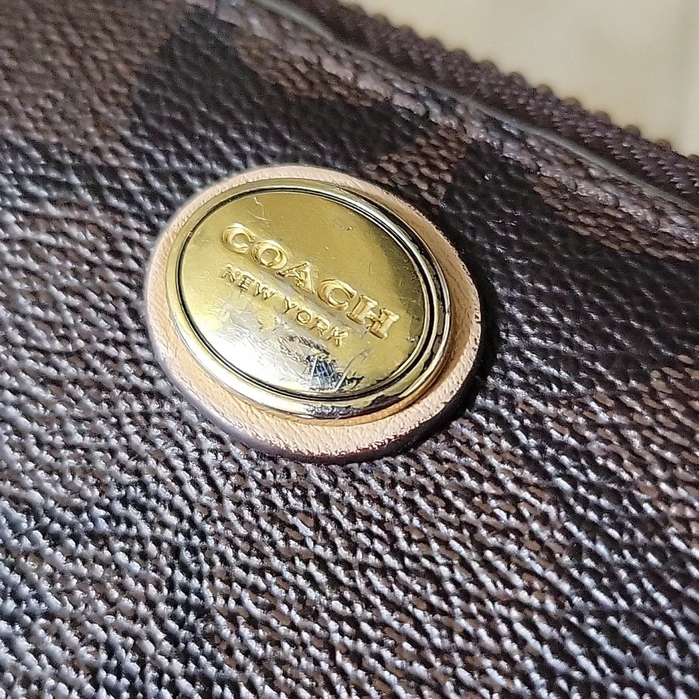 Coach Signature Canvas Zip Around Long Wallet Brown Tan Gold Hardware Oval Logo